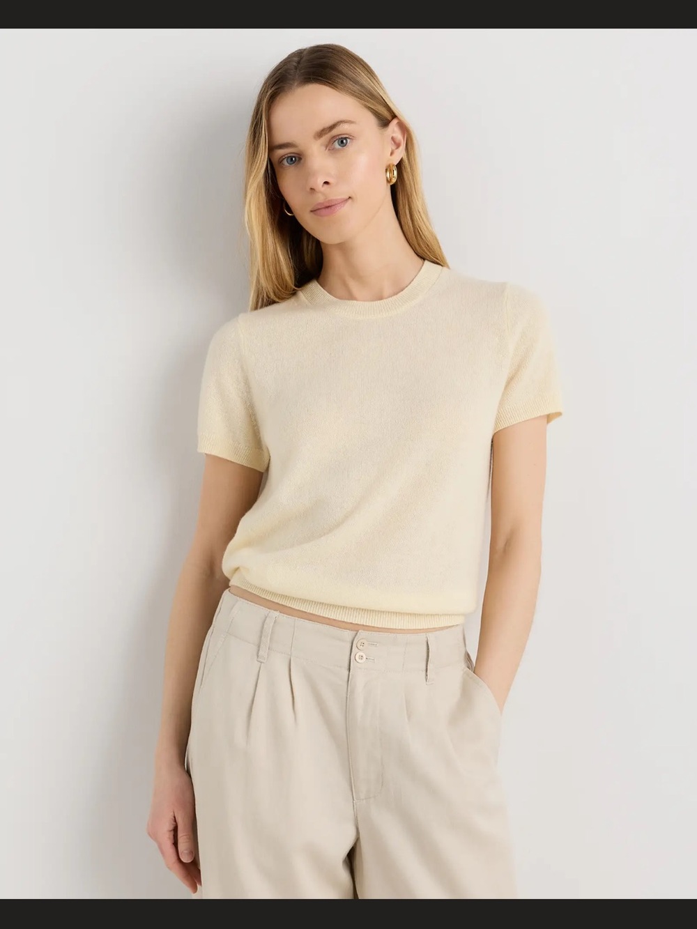Quince Short-Sleeve Crewneck Top in custard pale yellow
